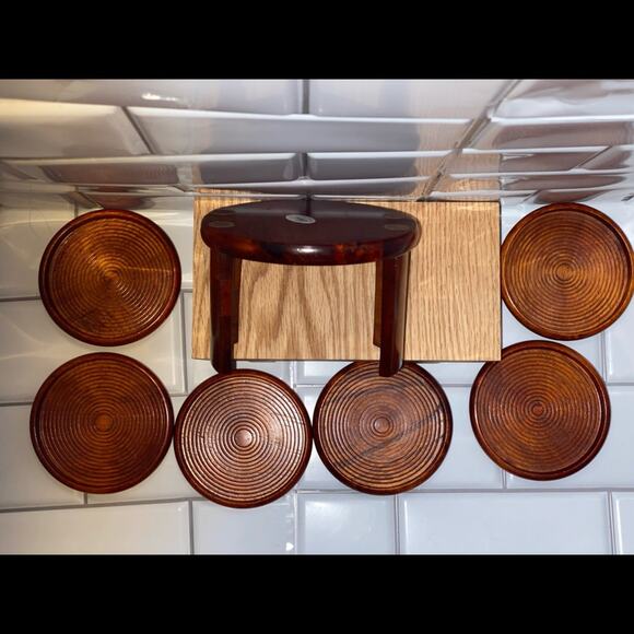 Vintage Julie Pomerantz 7 pc Teakwood Coaster Set Midcentury Modern - Picture 4 of 6